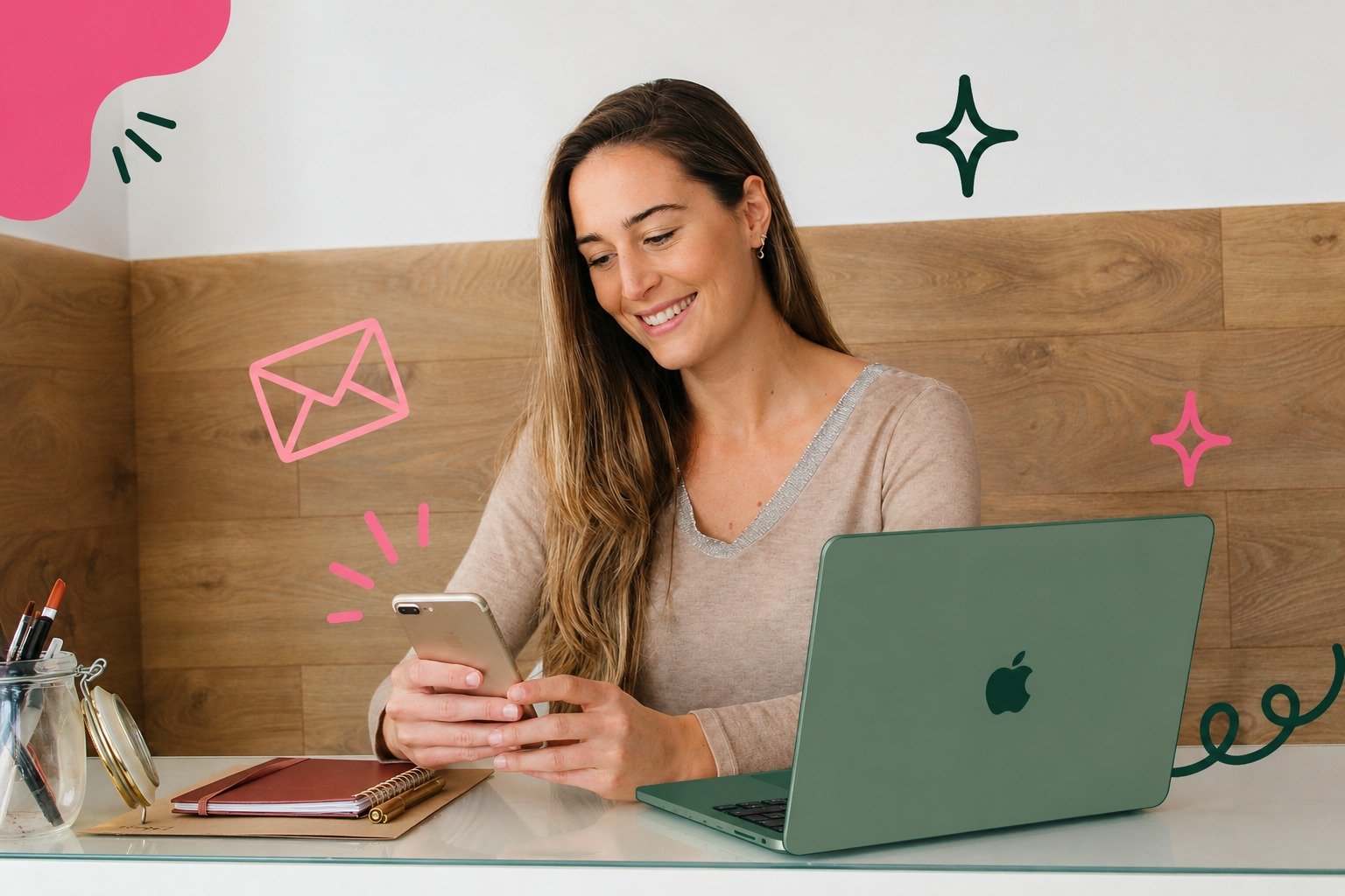 Esther revisando el móvil junto a su portátil
